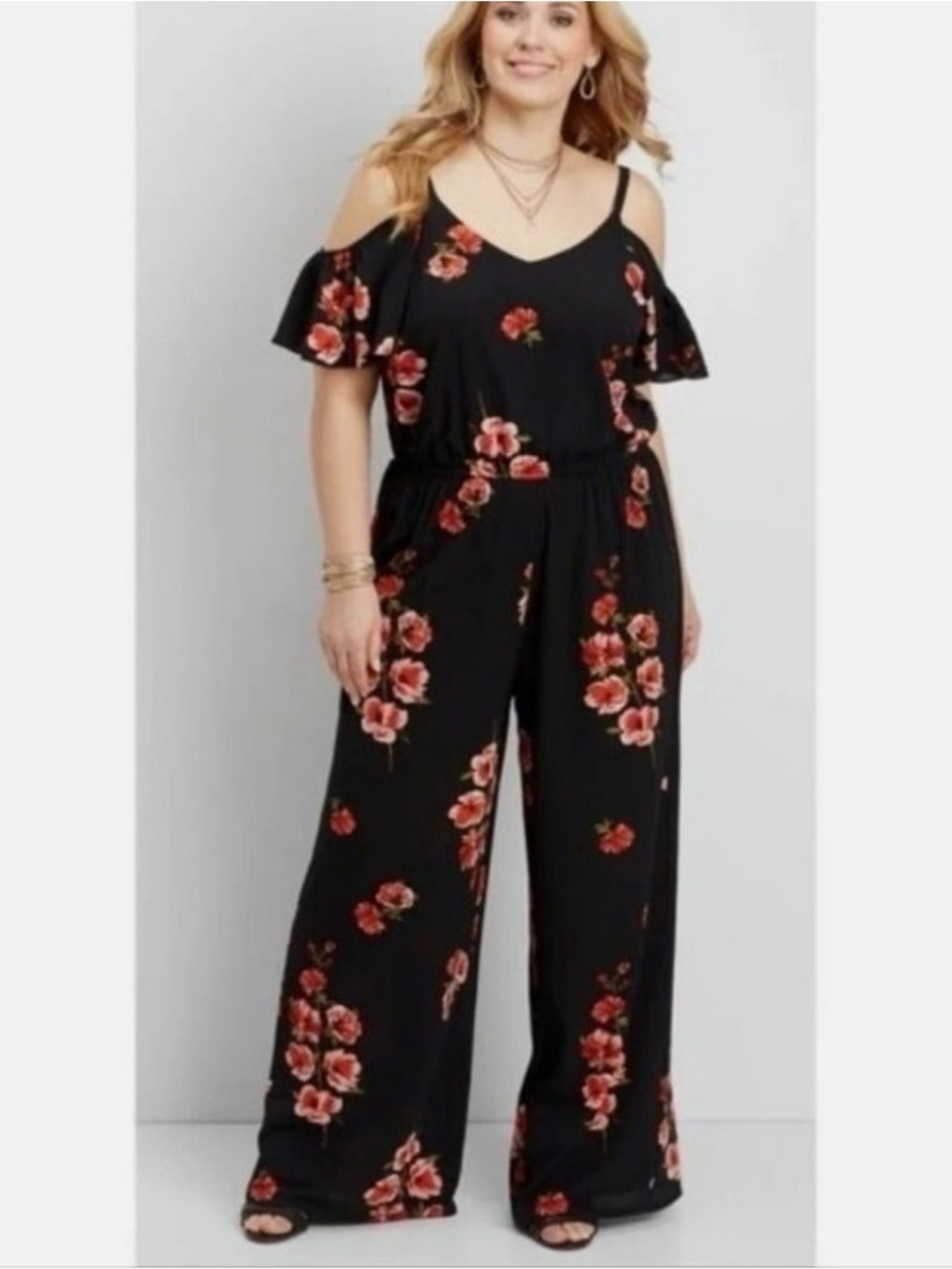 Maurices size 3-  Black Cold-Shoulder Floral Wide-Leg Jumpsuit